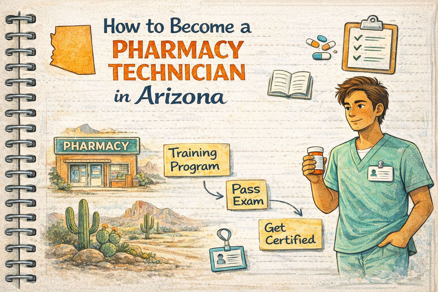 The title of the blog is featured on a background that looks like notebook paper. It includes a drawing of a male pharmacy tech, a pharmacy in a desert setting, textbook, clipboard,pills, nametag, and arrows pointing between "training program", "pass exam", and "get certified". 
