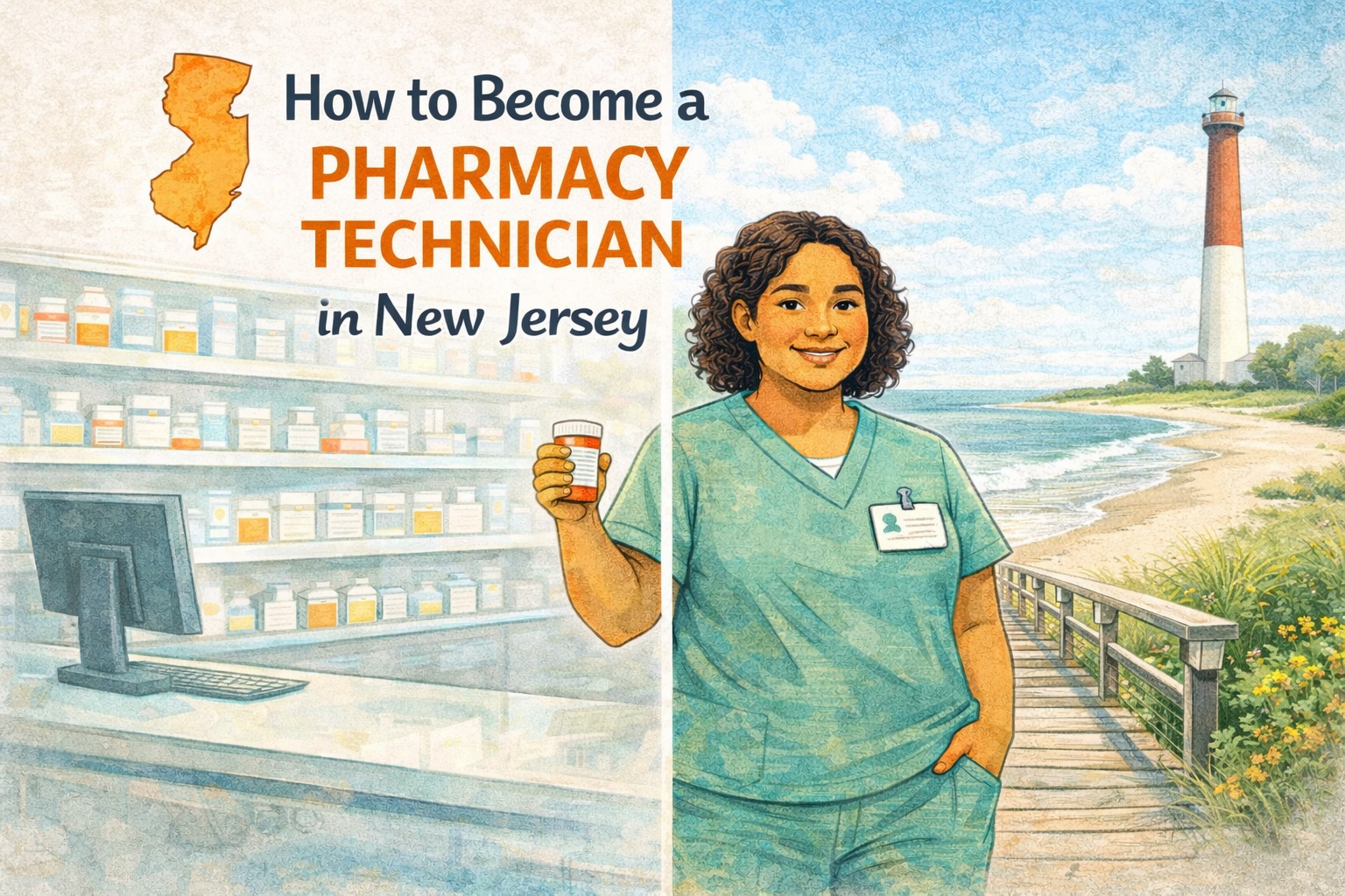 Below the title of the article, a female pharmacy technician is split between two scenes. One is a boardwalk leading down to a beach and a lighthouse on a sunny day. The second scene is of a pharmacy with a desk and computer in front of shelves of medications.  
