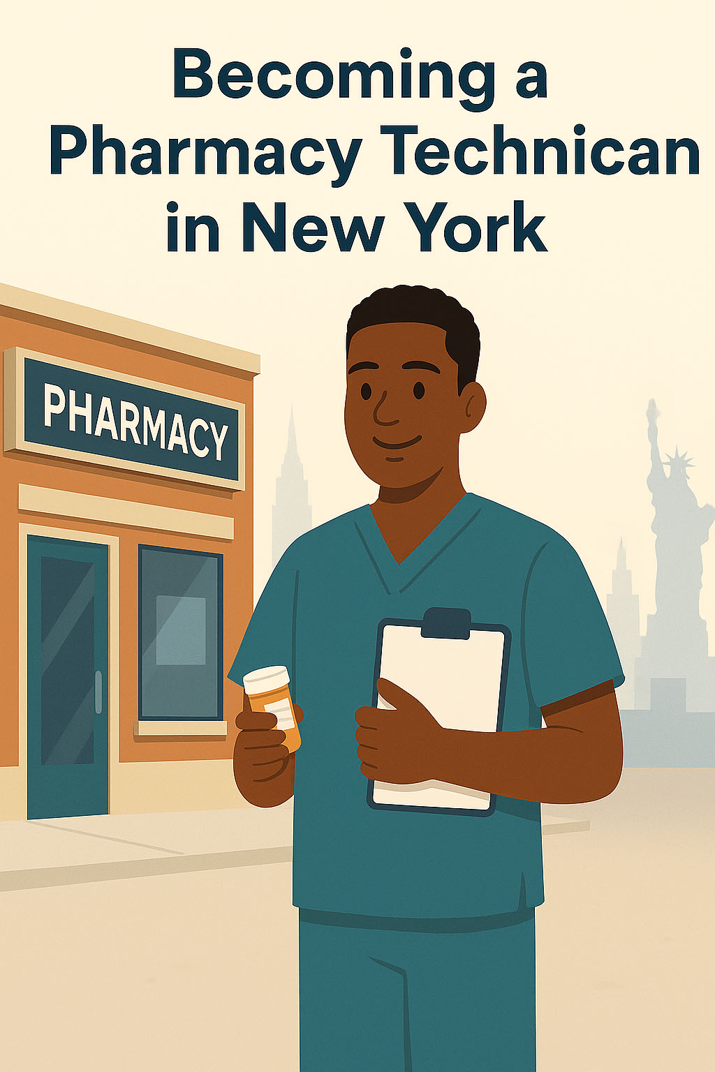 A pharmacy technician is standing outside of his place of employment, holding a clipboard and pill bottle. The NYC skyline is in the background