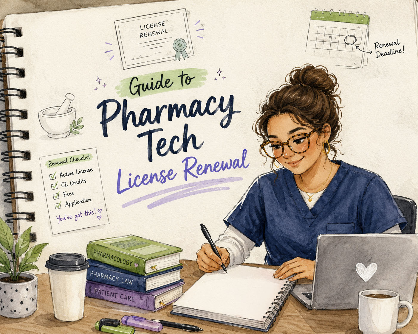 A female pharmacy technician is featured working at a desk with books and coffee scattered around. Behind her is notebook paper with some notes regarding license renewal, along with the title of the article. 
