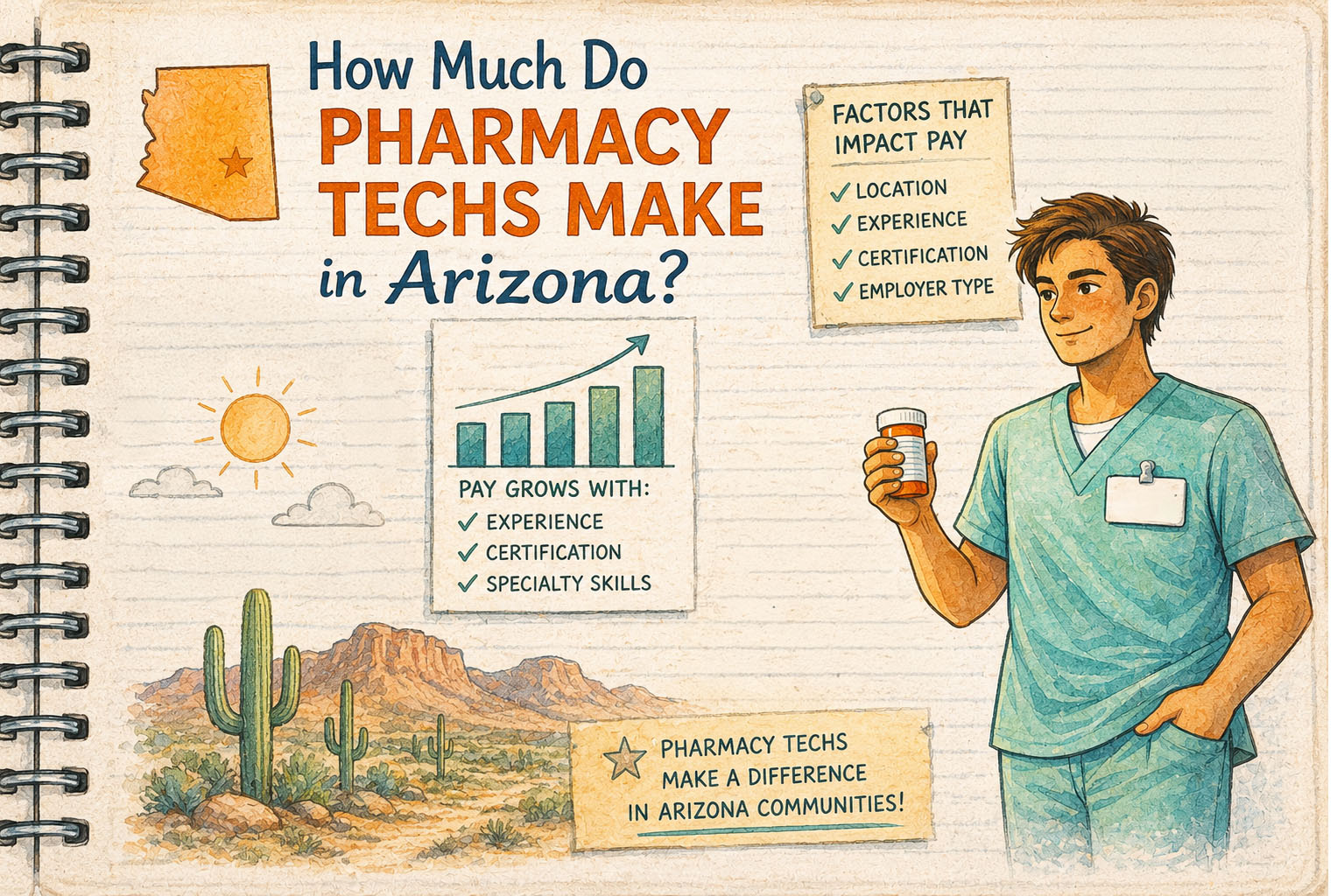 A male pharmacy technician is featured on a stylized piece of notebook paper. He is holding a pill bottle. There is an image of a desert scene, a list of what impacts pay, and a chart showing how pay increases with experience, certification, and speciality skills. 