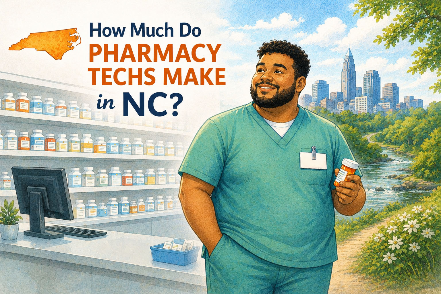 The title of the article is featured above a split scene: a pharmacy and a nature scene depicting a North Carolina cityscape. The pharmacy technician is centered in the picture holding a pill bottle. 