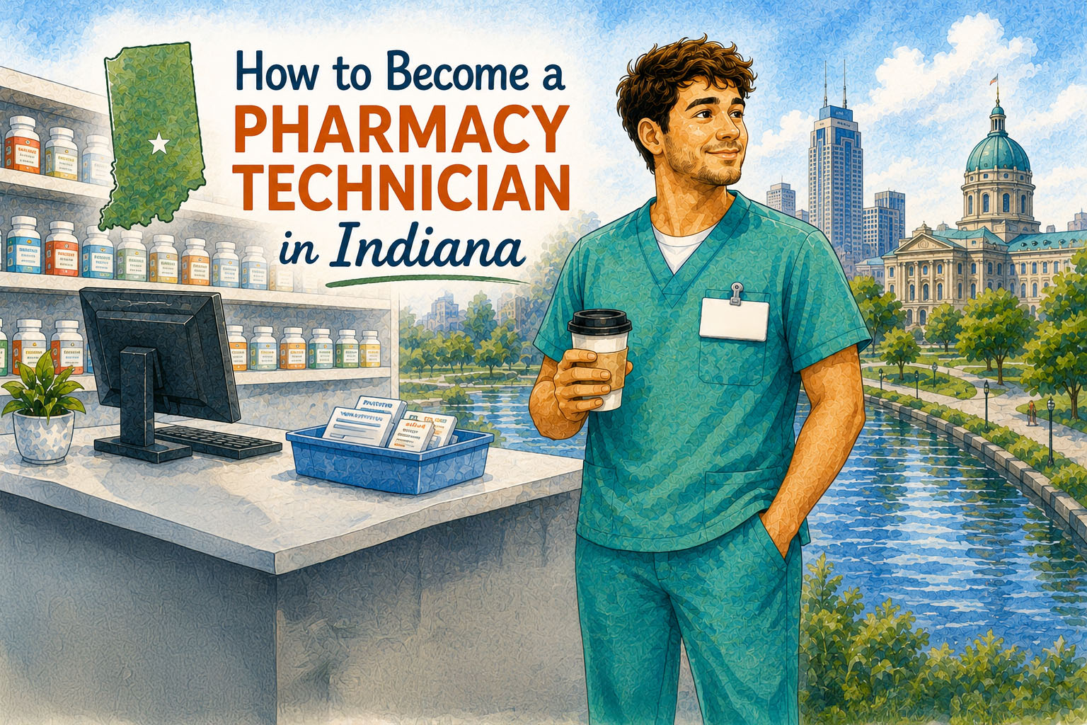 A male pharmacy tech is standing between two scenes: one overlooking a picturesque Indiana cityscape, the other a pharmacy. The title of the article is in the upper lefthand corner of the image, along with an outline of the state.  