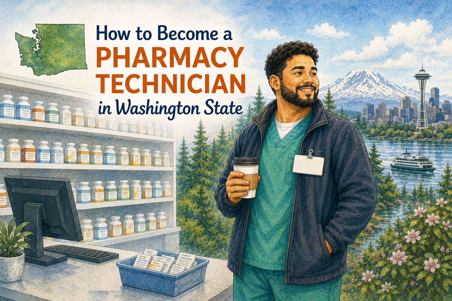 A male pharmacy tech is standing between two scenes: one overlooking a lush Seattle cityscape, the other a pharmacy. The title of the article is in the upper lefthand corner of the image. 