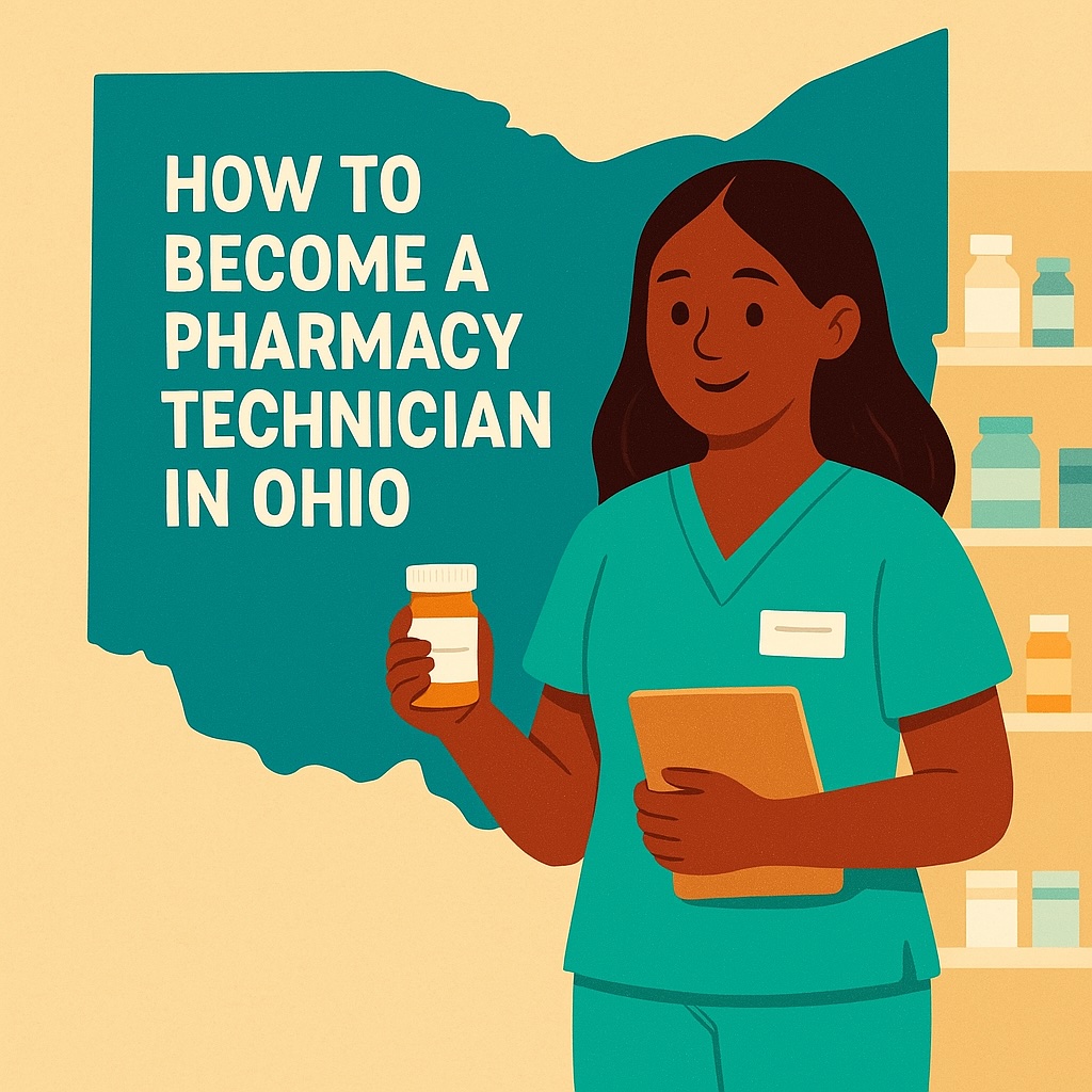 A female pharmacy technician standing in front of the outline of Ohio that reads "How to Become a Pharmacy Technician in Ohio". She is holding a bottle and clipboard.