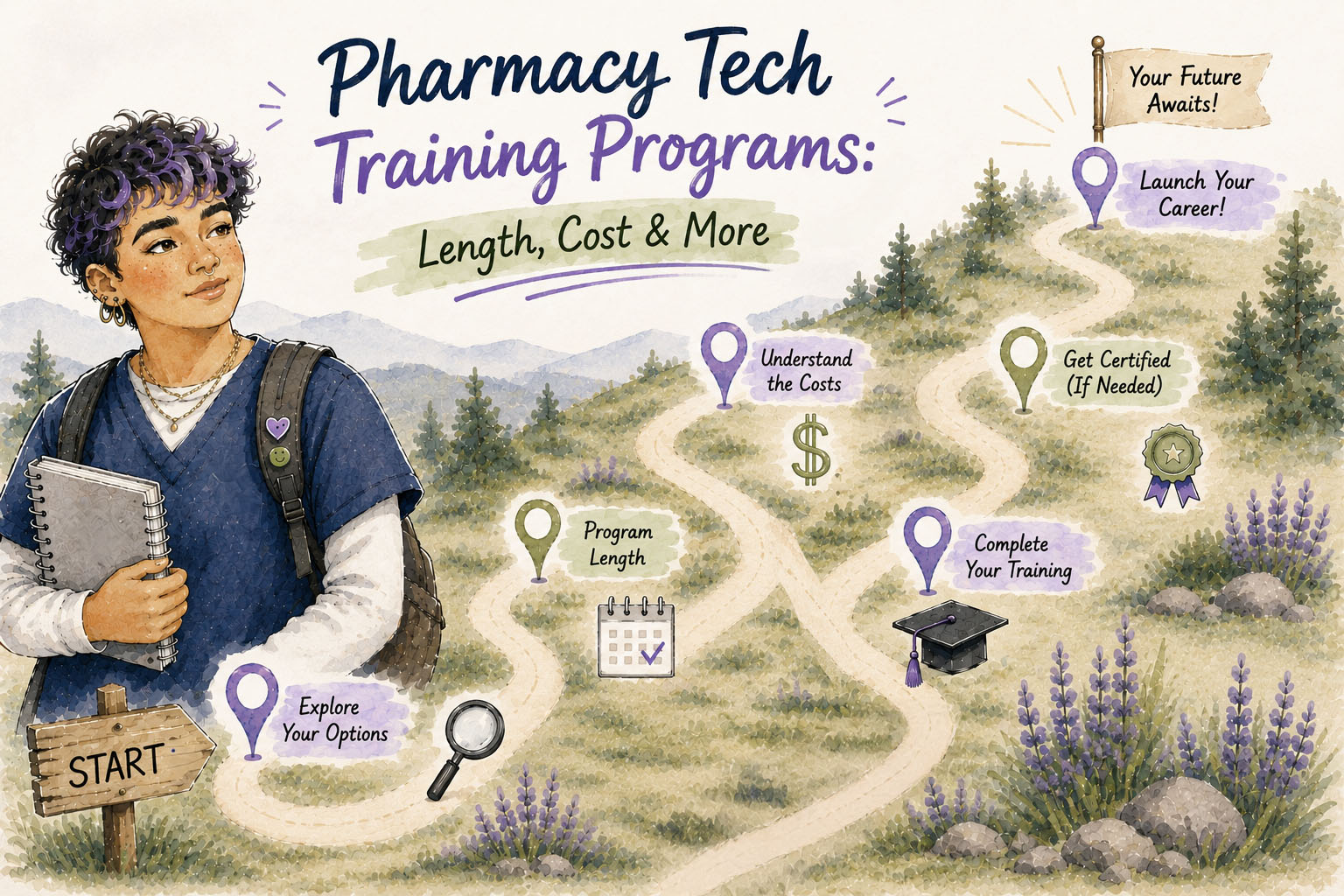 A pharmacy tech is featured overlooking a path outlining the steps to becoming a pharmacy technician. The title of the blog is in the sky over the path. 