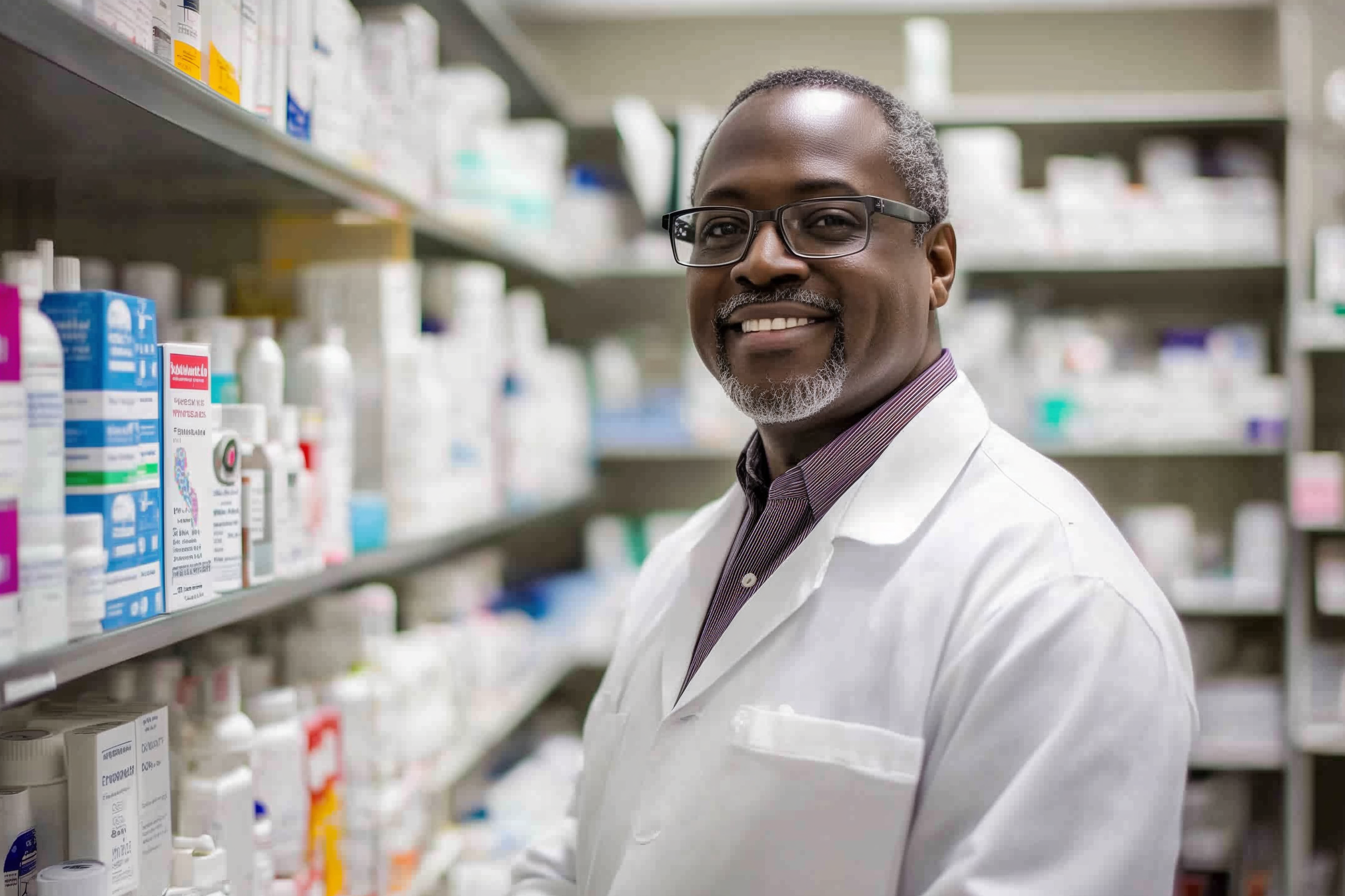 Pharmacist smiling at his work place