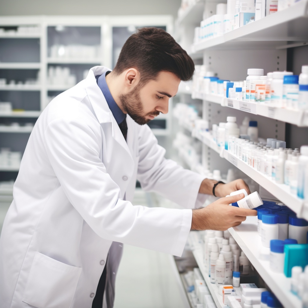 Picture of Pharmacist examining a label on a pill container